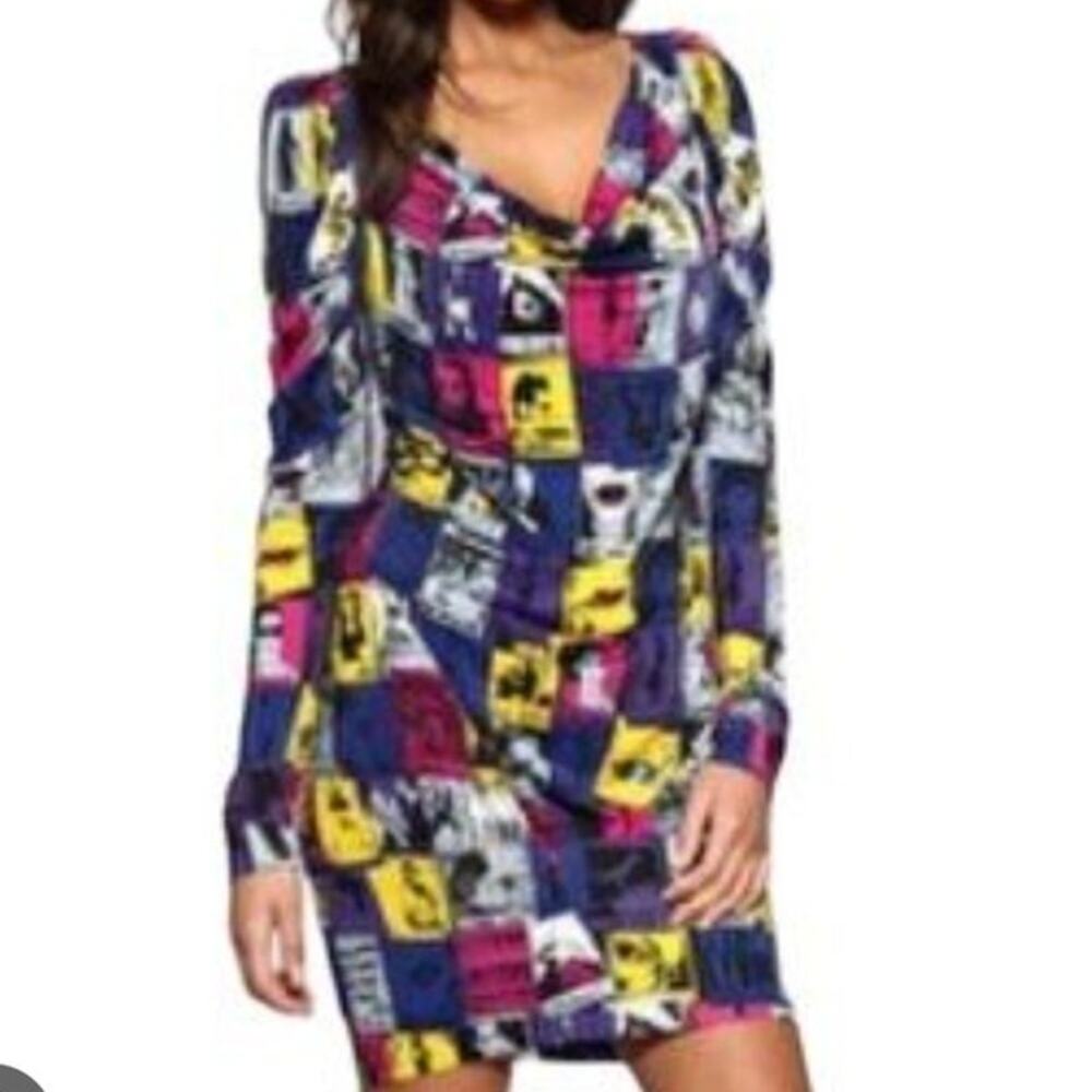 Miss Sixty Mini Dress Sz S Vintage Y2K Pop Art Cowl Neck Puff Sleeves NWT